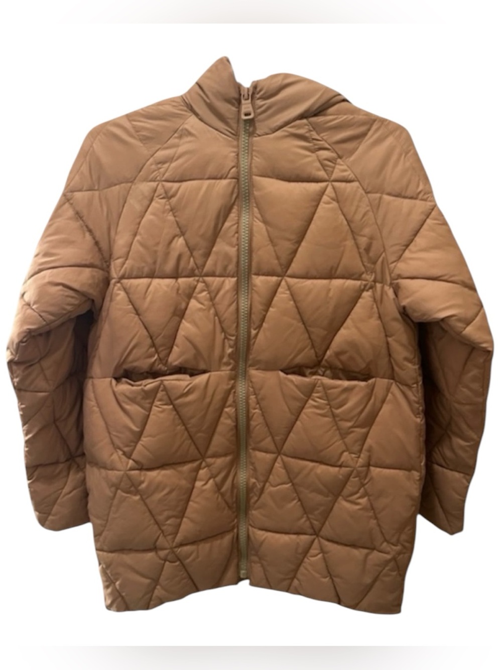 ZARA tan diamond quilted long hooded zip up puffer jacket Girls size 13/14